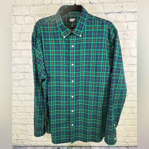 Lands' End Green Blue Tartan Plaid No Iron Twill Classic Button Down Shirt XL - Picture 1 of 9